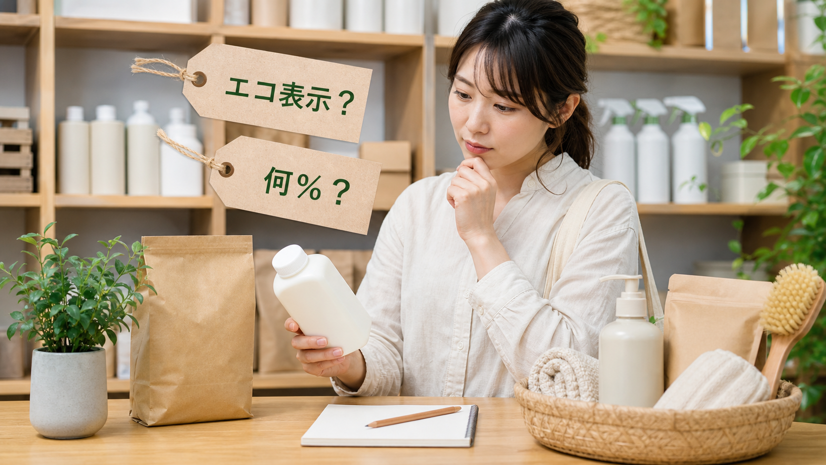 環境ラベルの対象範囲と割合を見比べる買い物客