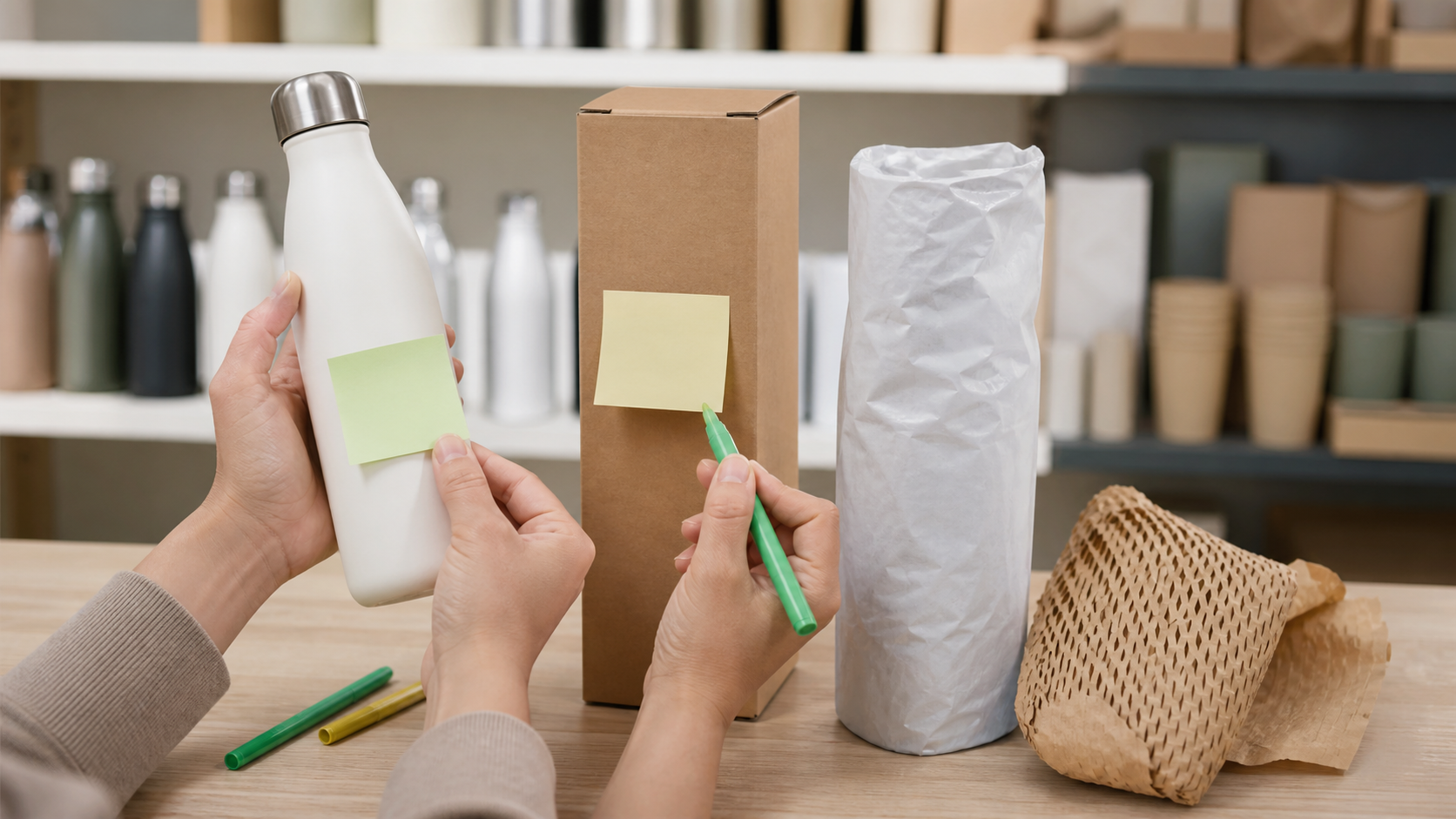 商品本体と包装を分けて環境表示を見る様子