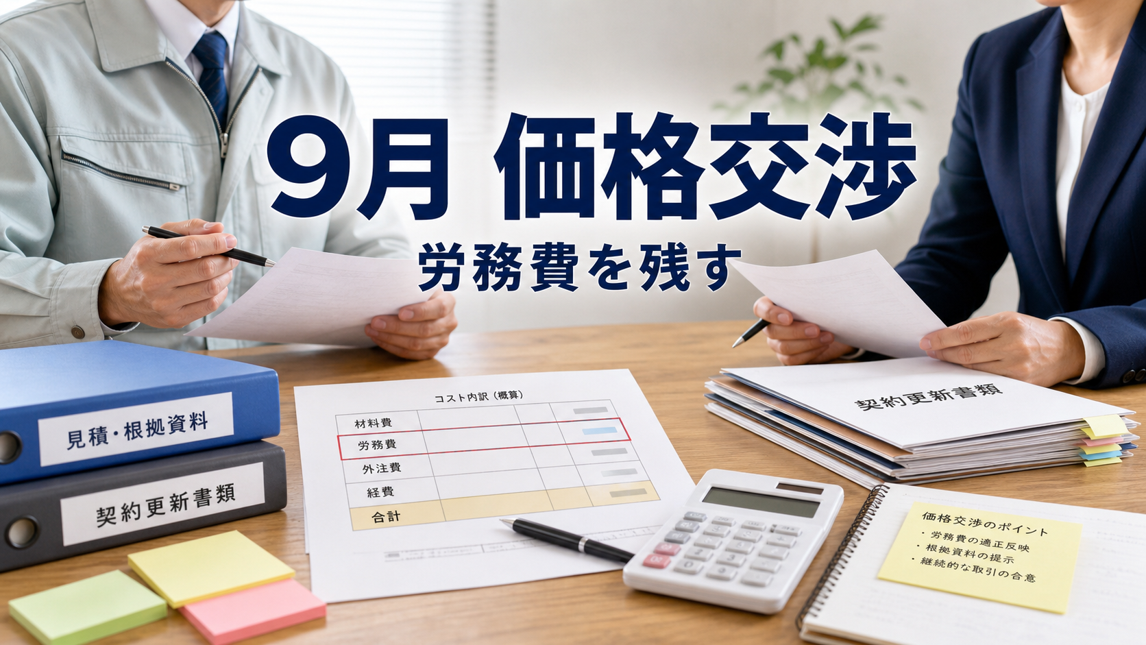 9月の価格交渉促進月間に向けて労務費の資料を整理する商談テーブル