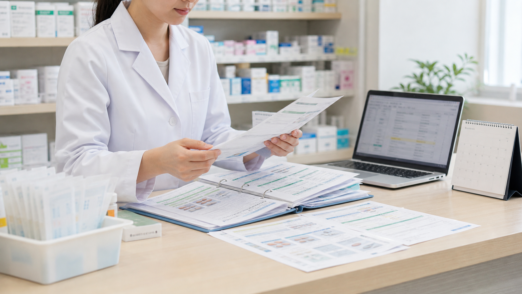 薬価基準収載リストと後発医薬品情報を薬局のデスクで整理する薬剤師
