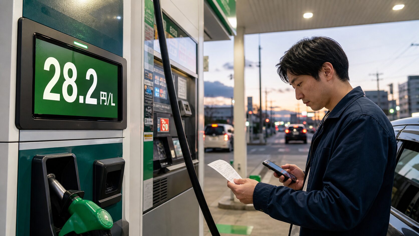 ガソリン補助金28.2円/Lと店頭価格を給油前に見る人のイメージ