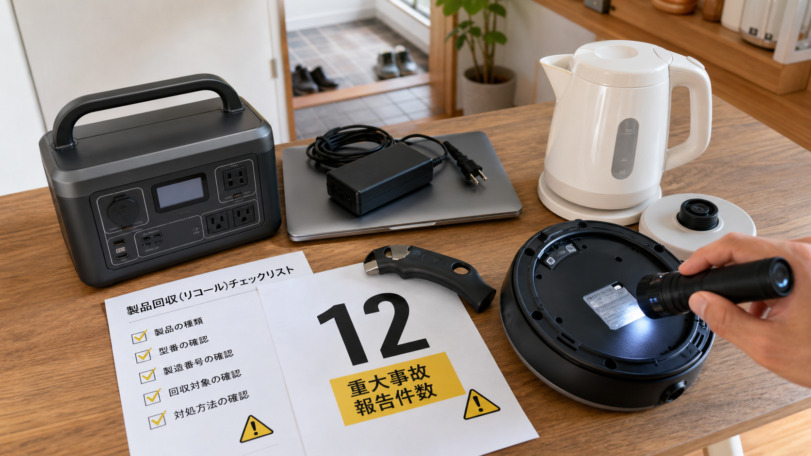 リコール製品の火災等12件を受けて家庭の電源製品を型番から点検するアイキャッチ