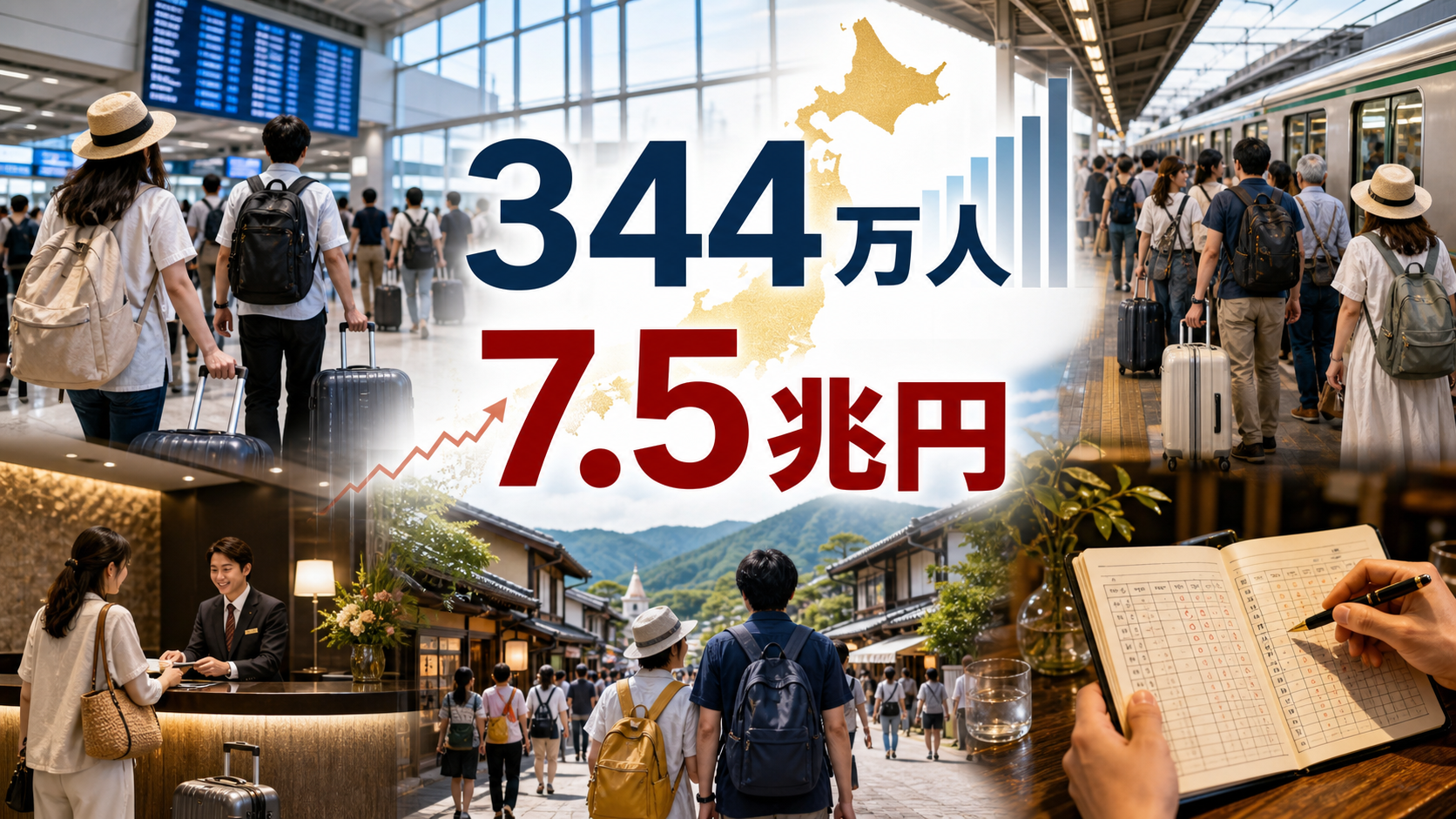 訪日外客数344万人と国内旅行消費7.5兆円を観光地の混雑と受入れ準備として示すアイキャッチ