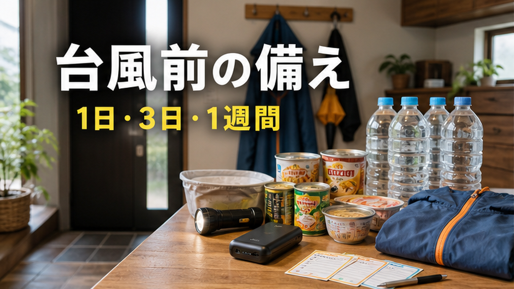 台風前に水と食品と避難バッグを家族で分ける家庭備蓄の準備