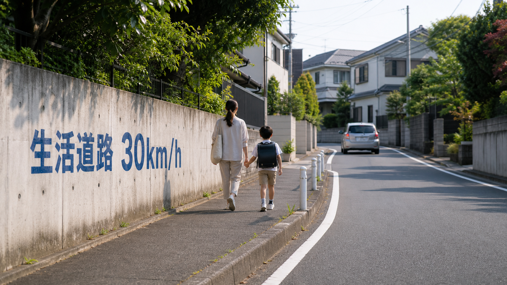 中央線のない住宅地の道路を歩く親子と、生活道路30km/hの案内文字