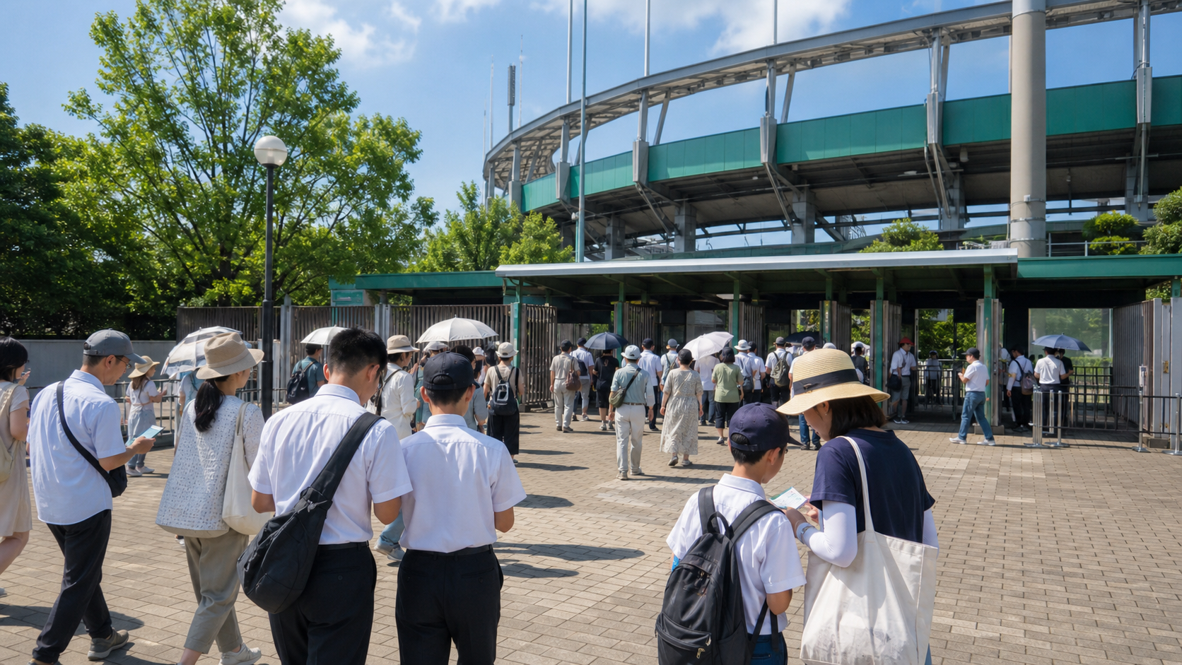 夏の甲子園で朝の部の入場前にチケットを確認する観客のイメージ