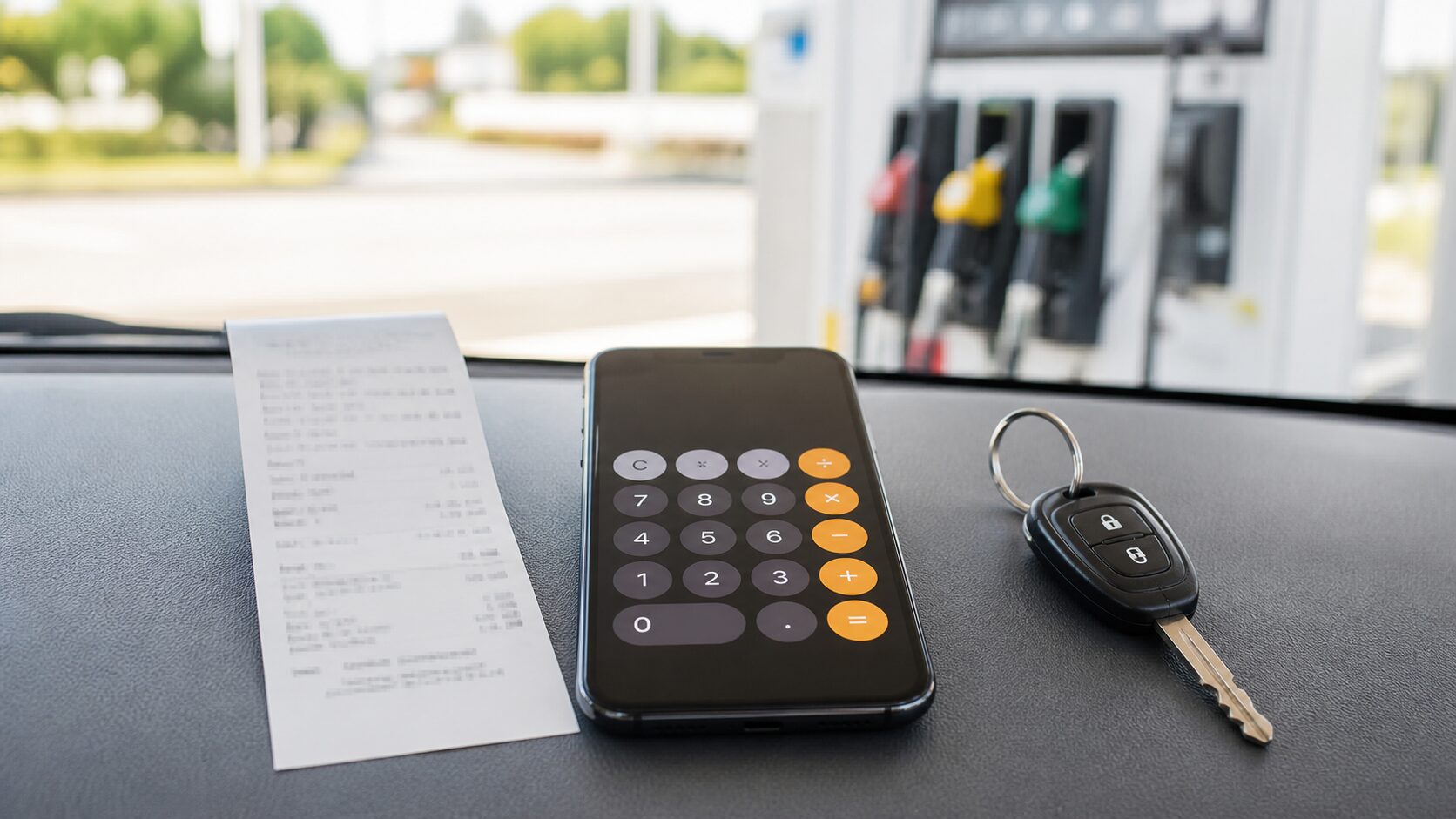 給油レシートとスマートフォン電卓で価格を分けるイメージ