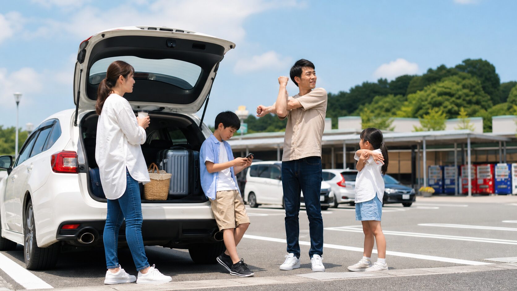 高速道路サービスエリアで早めに休憩する家族のイメージ