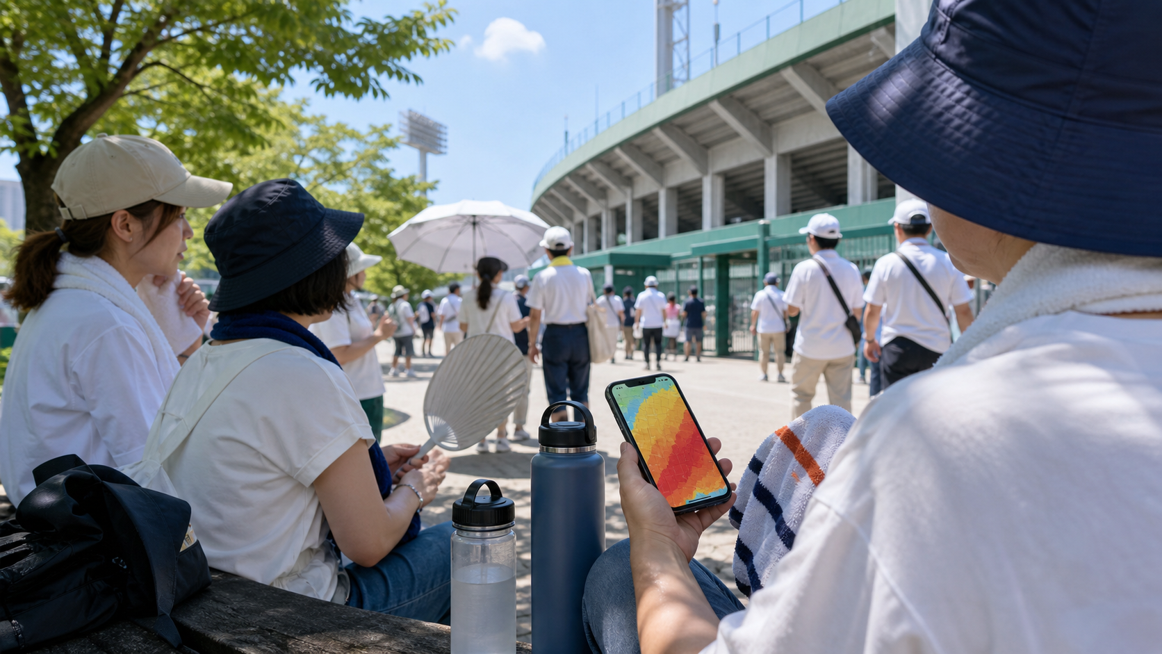 球場近くの日陰で暑さ情報と飲み物を確認する観客のイメージ