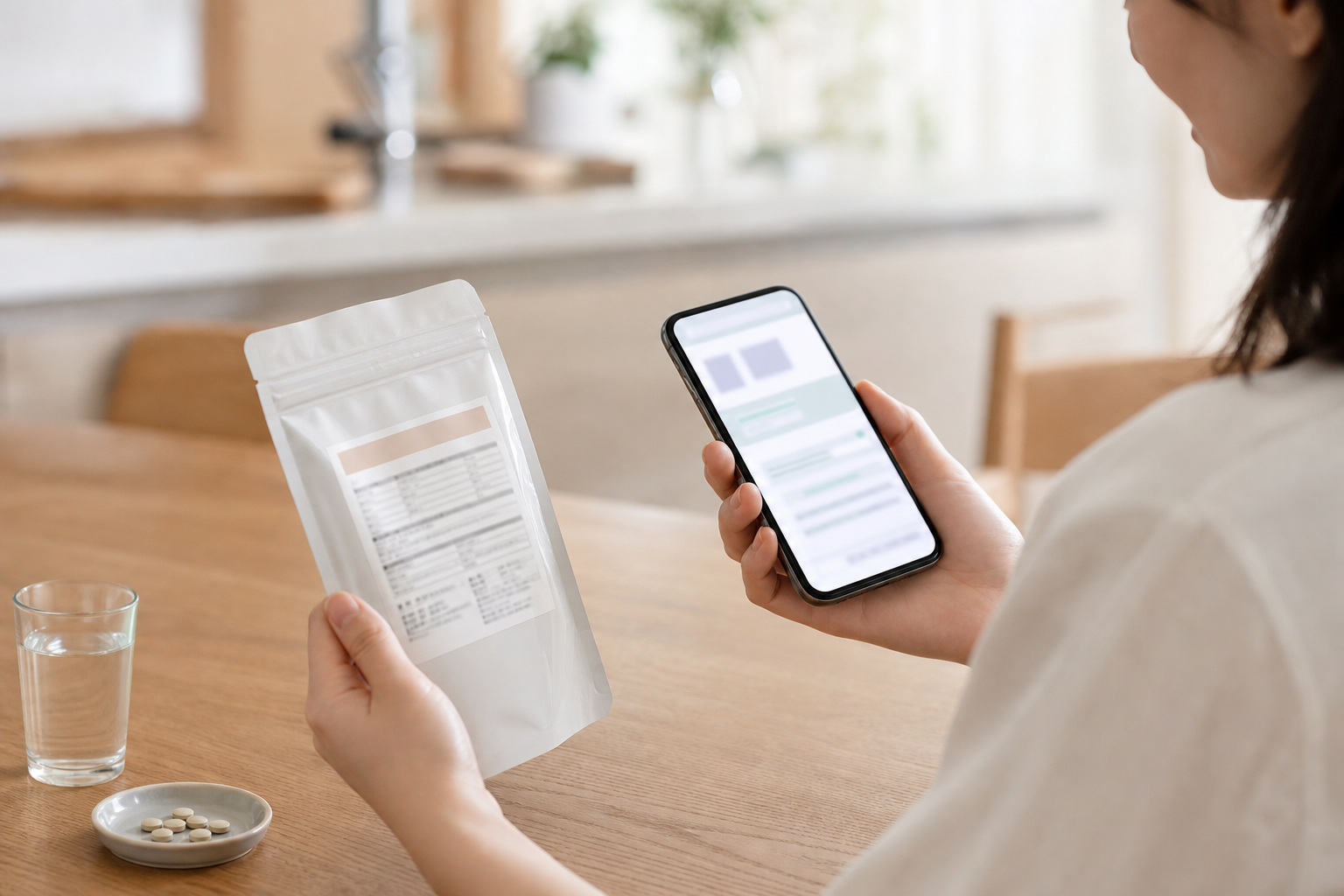 商品情報をスマートフォンで確認する家庭の様子