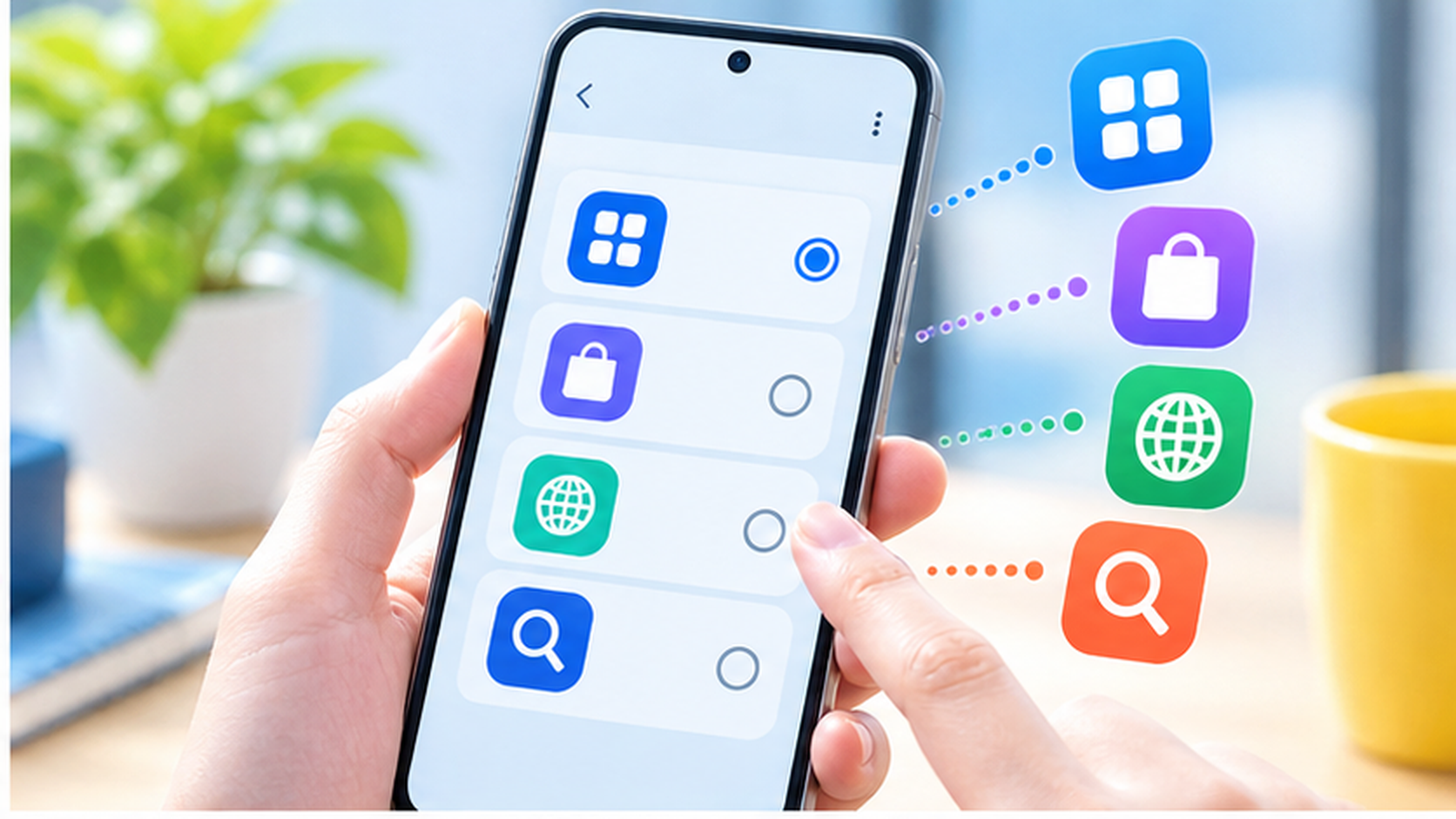 スマホの選択画面でアプリストアやブラウザを選ぶイメージ