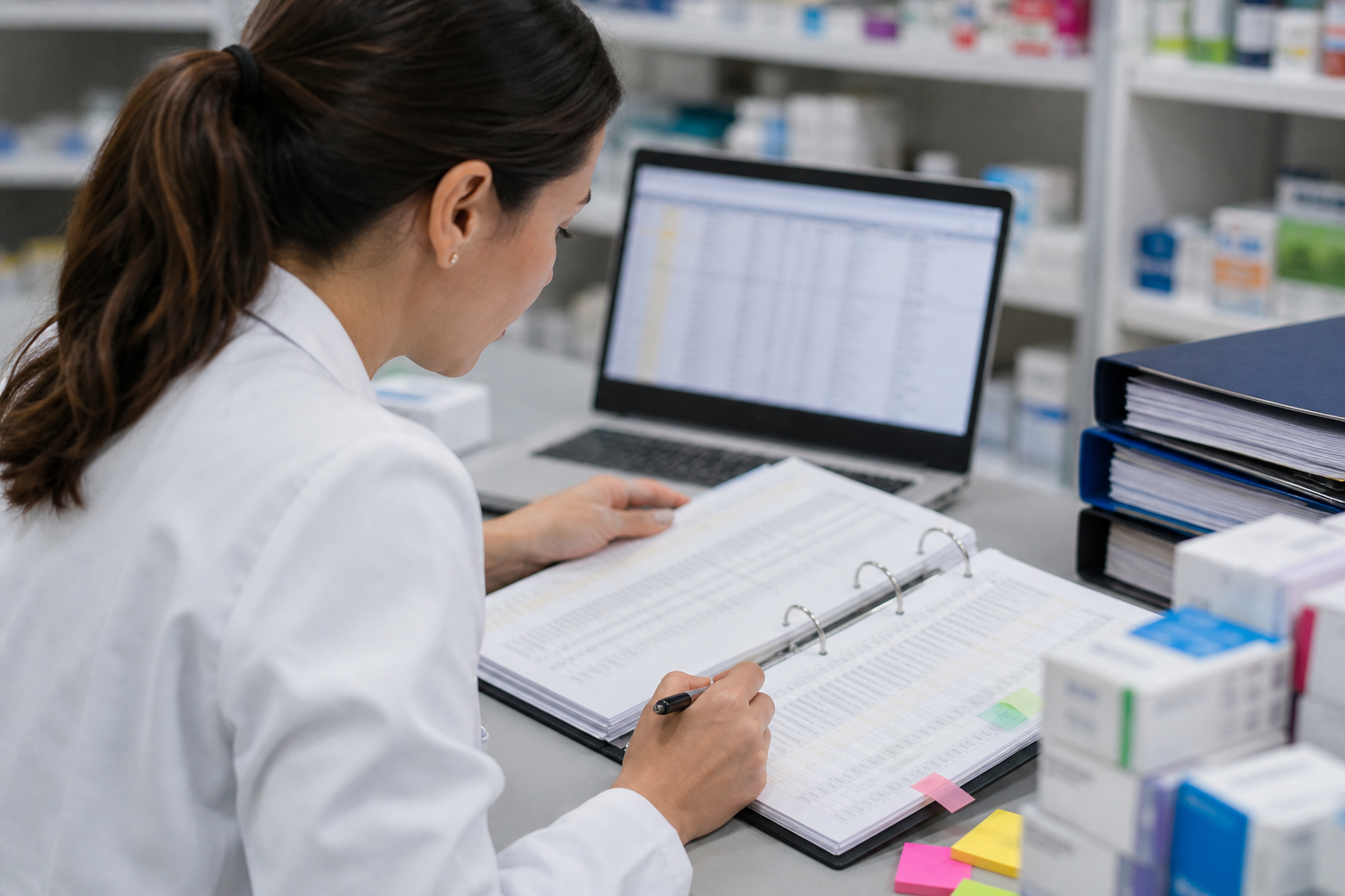 医薬品リストの行を薬局のバックオフィスで確認する薬剤師