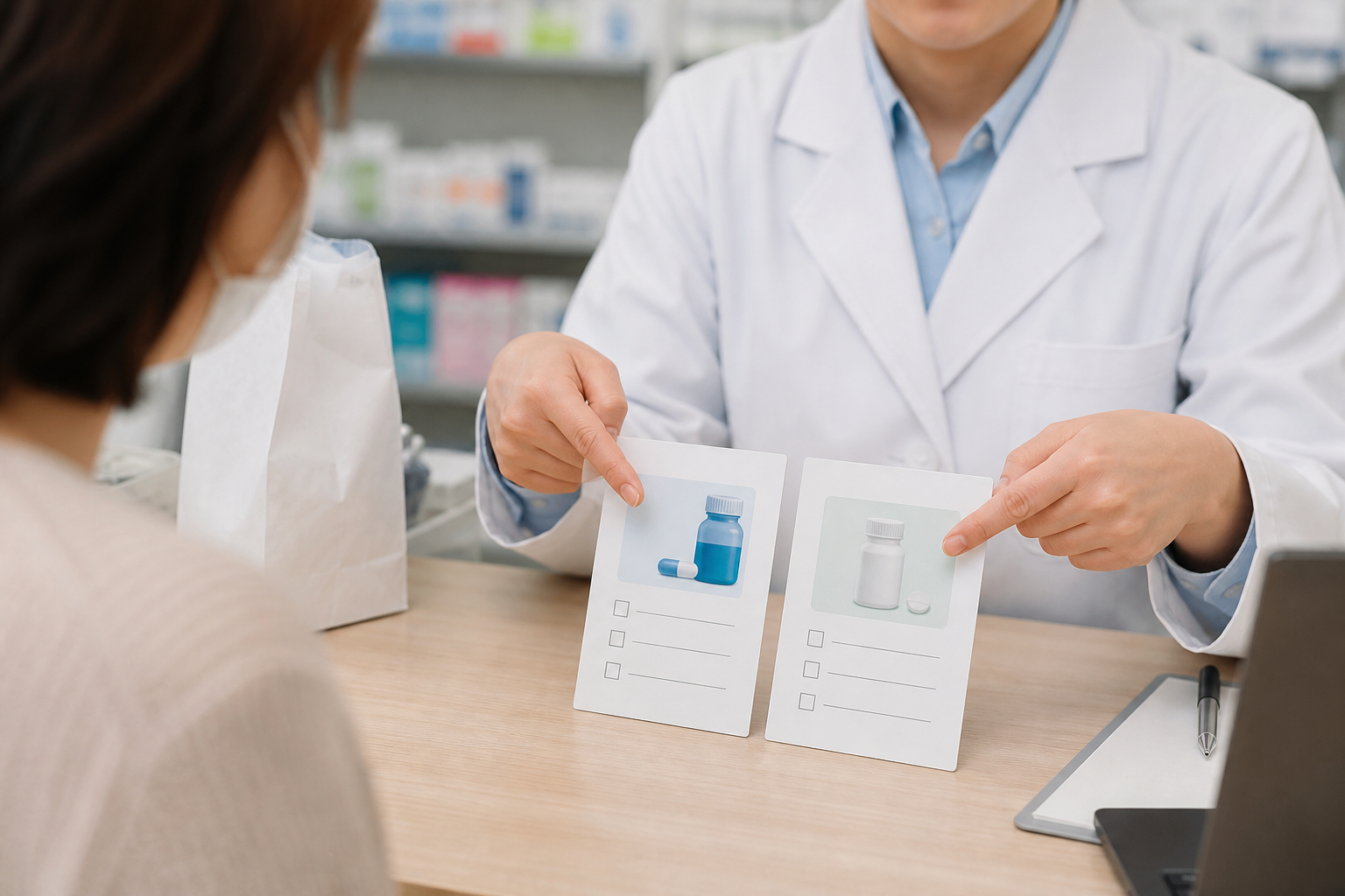 先発医薬品と後発医薬品の違いを薬局でカードに分けて説明する薬剤師