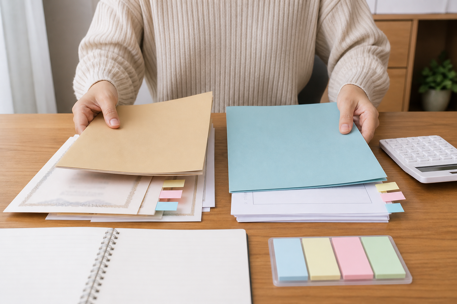 生計維持者や家計の書類を色違いのフォルダーで分ける手元
