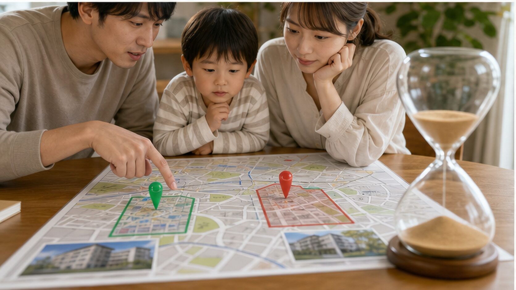家族で都営住宅の候補と待機期間を分けるイメージ