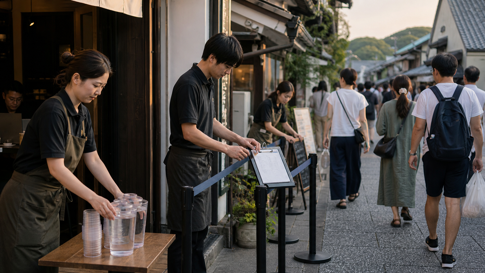 観光地の地域店舗が来訪者対応と行列導線を整えるイメージ