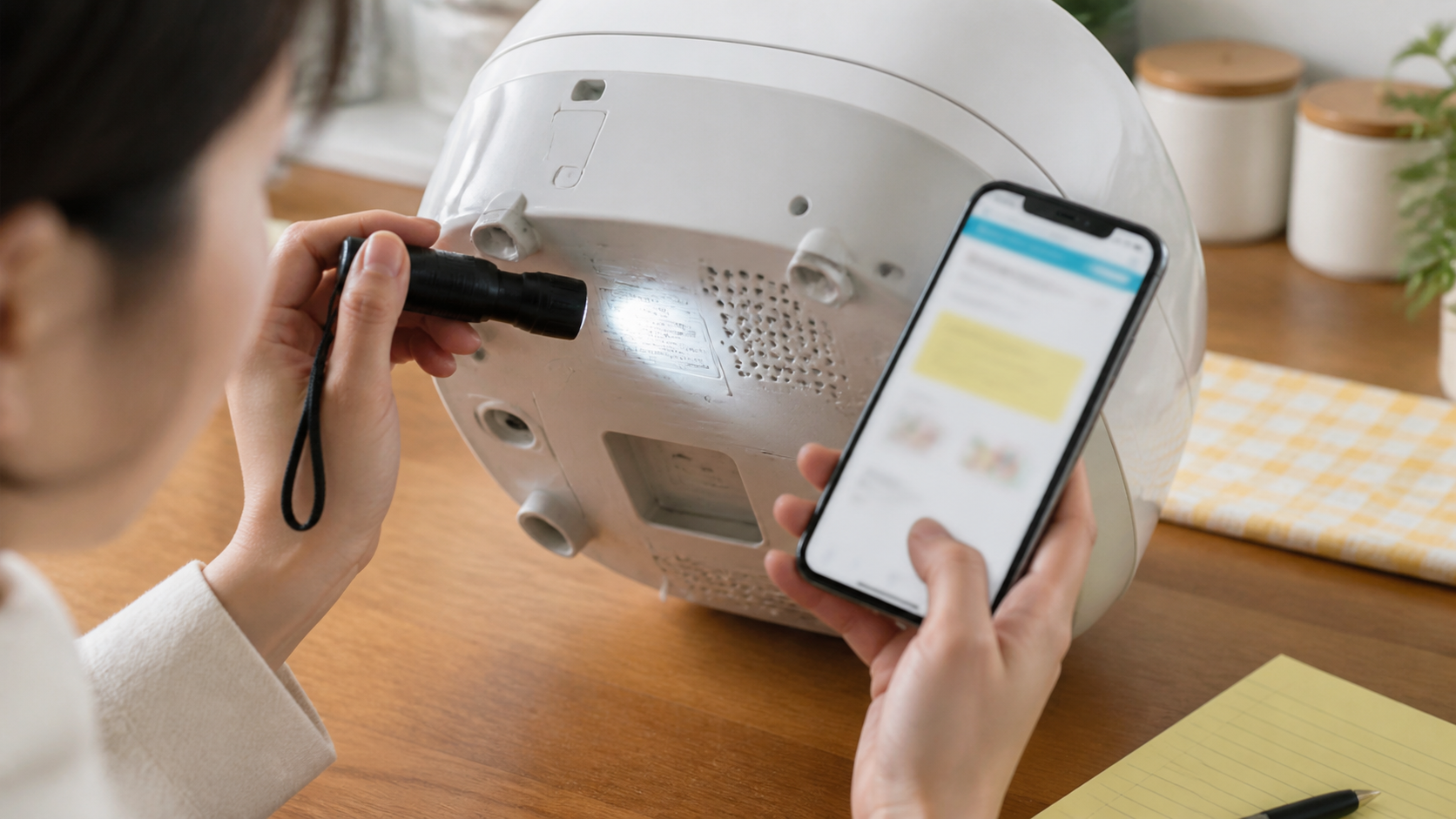 家電の底面ラベルをライトとスマートフォンで確認する家庭内点検のイメージ