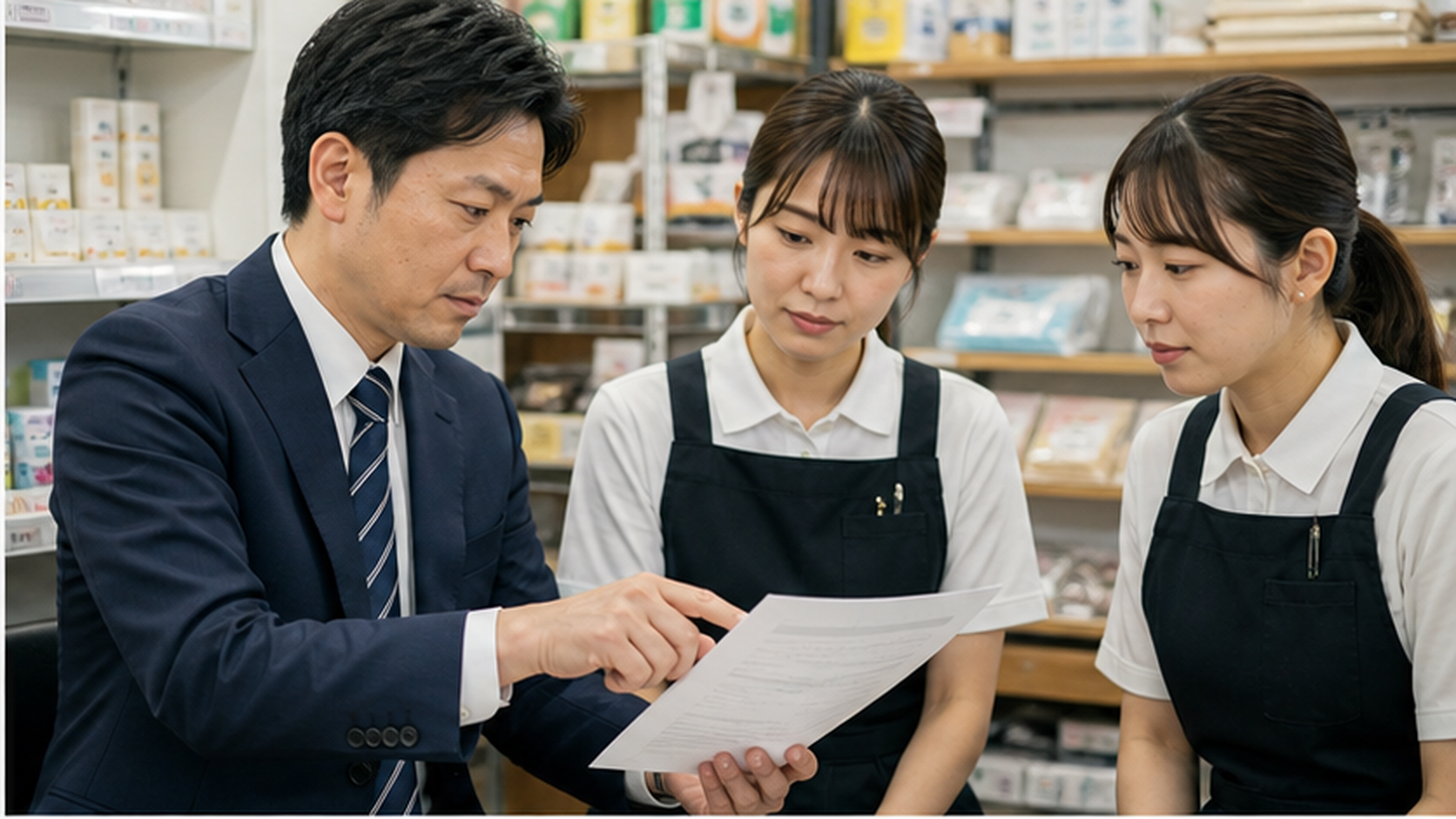 店舗スタッフと管理者がカスハラ対応方針の書類を見ながら話し合う様子