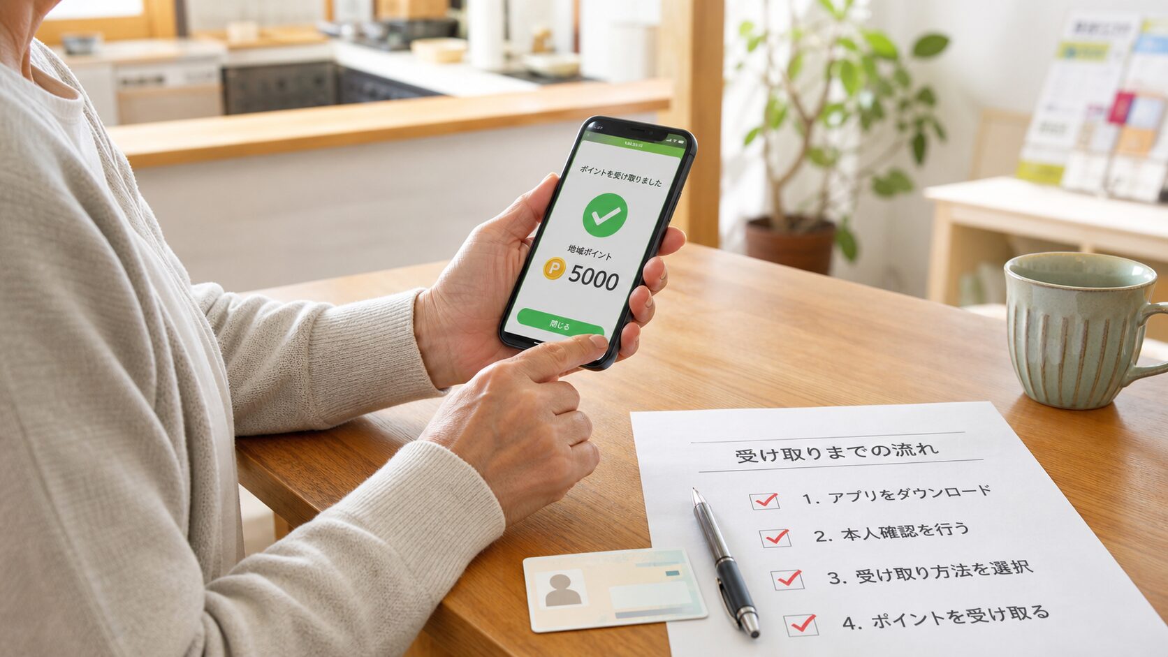 京都ポイントの受け取り手順をスマートフォンとチェックリストで確認する様子