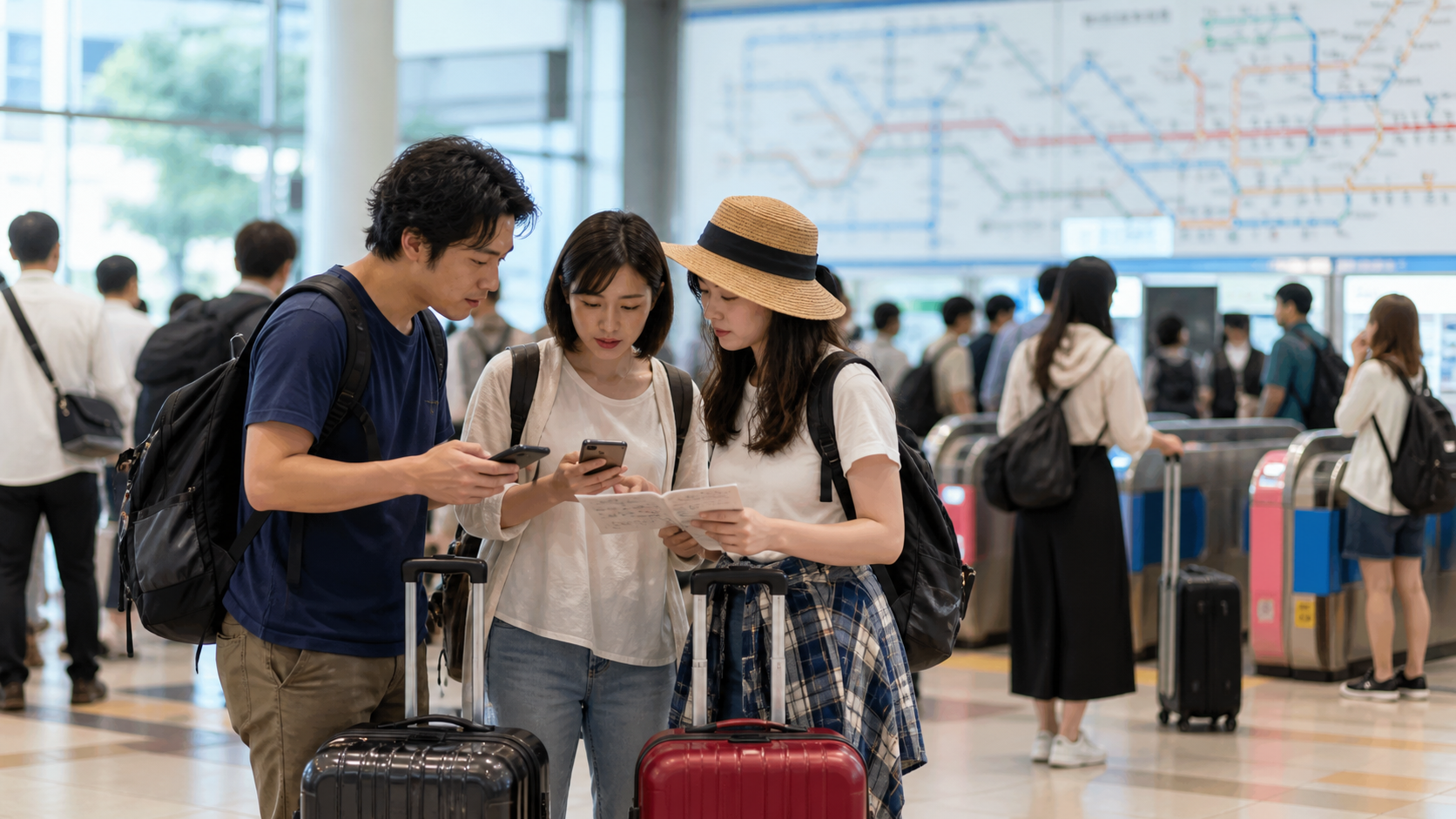 夏休み旅行前に駅で移動ルートと予定を見直す旅行者のイメージ