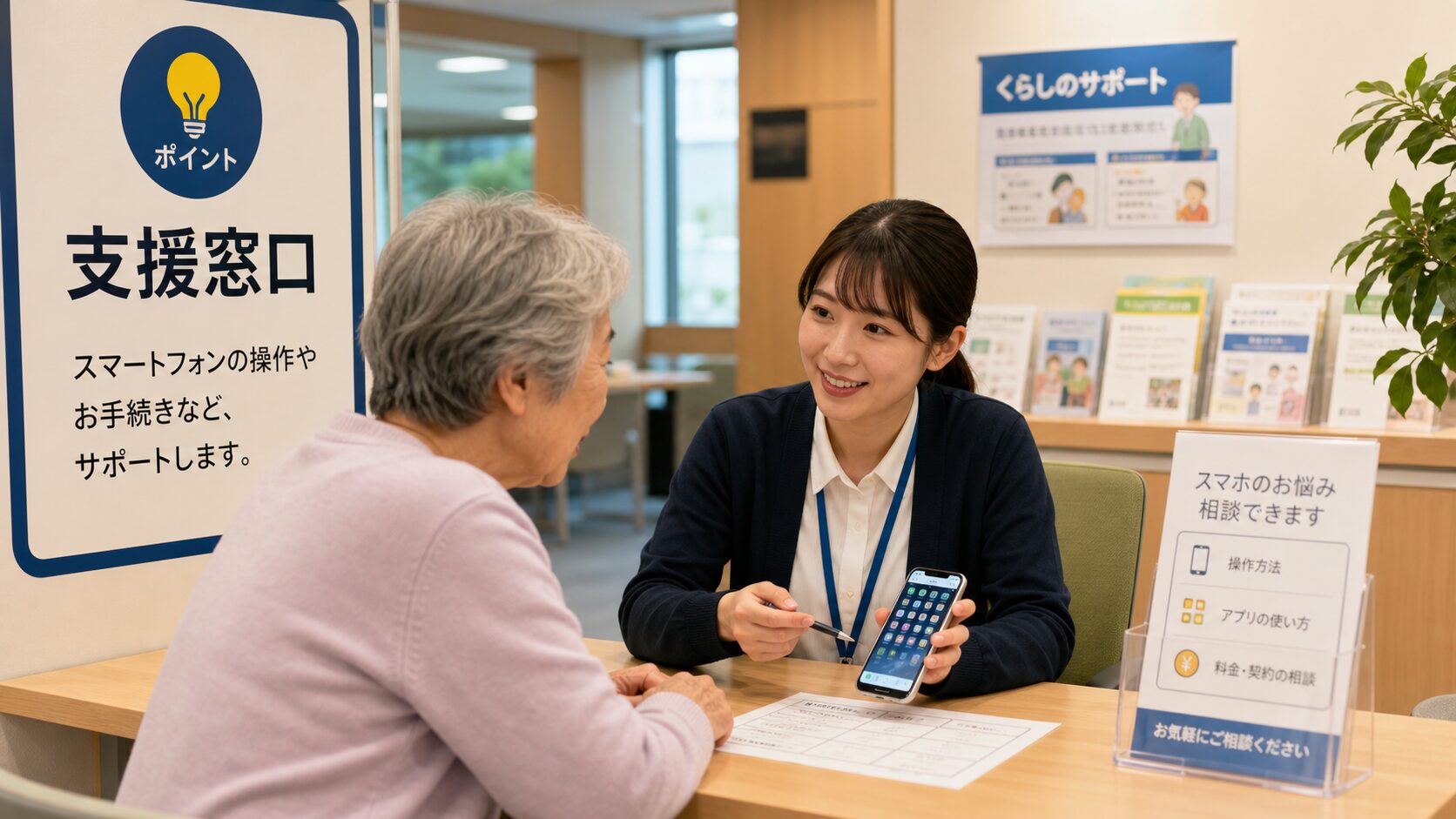 スマートフォン操作に不安がある人が支援窓口で相談する様子