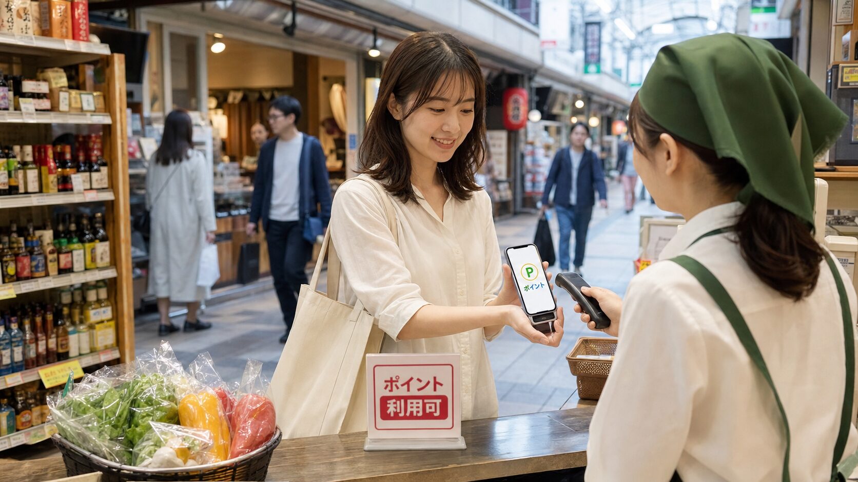 京都の商店街で地域ポイントを使って支払う様子