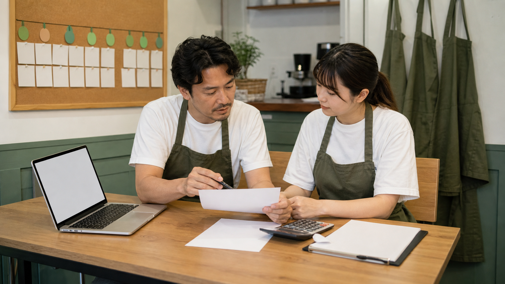 小さな店舗で時給とシフトを見直す店長とスタッフのイメージ