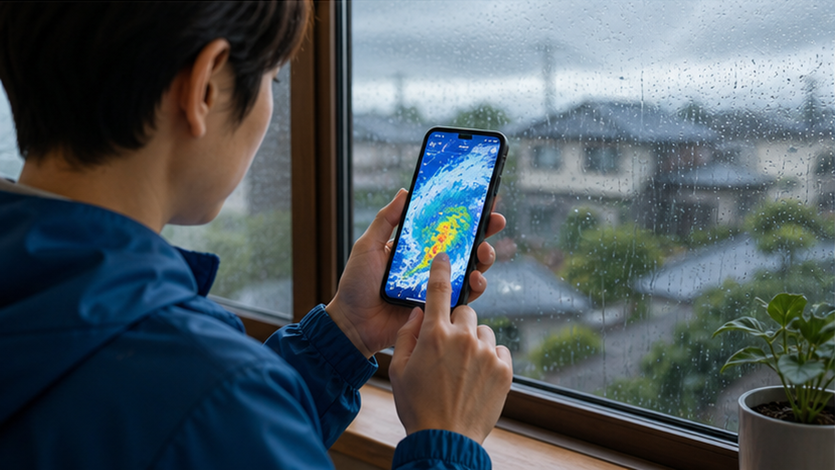 雨の窓辺でスマートフォンの気象情報を見て台風の進路を調べる人