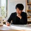 一級建築士の学科試験結果を受け、建築図面と予定を整理する建築の専門職
