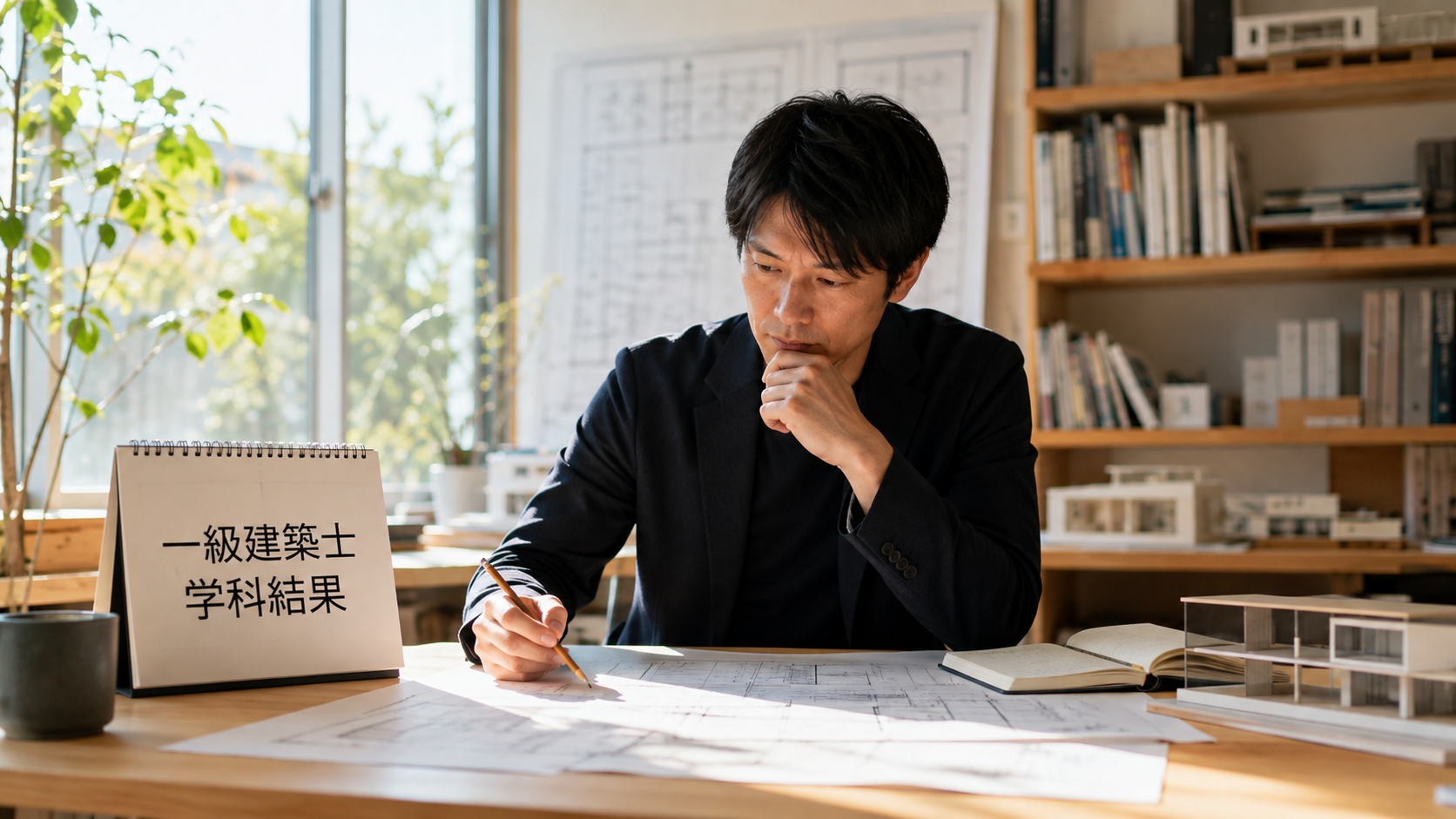一級建築士の学科試験結果を受け、建築図面と予定を整理する建築の専門職