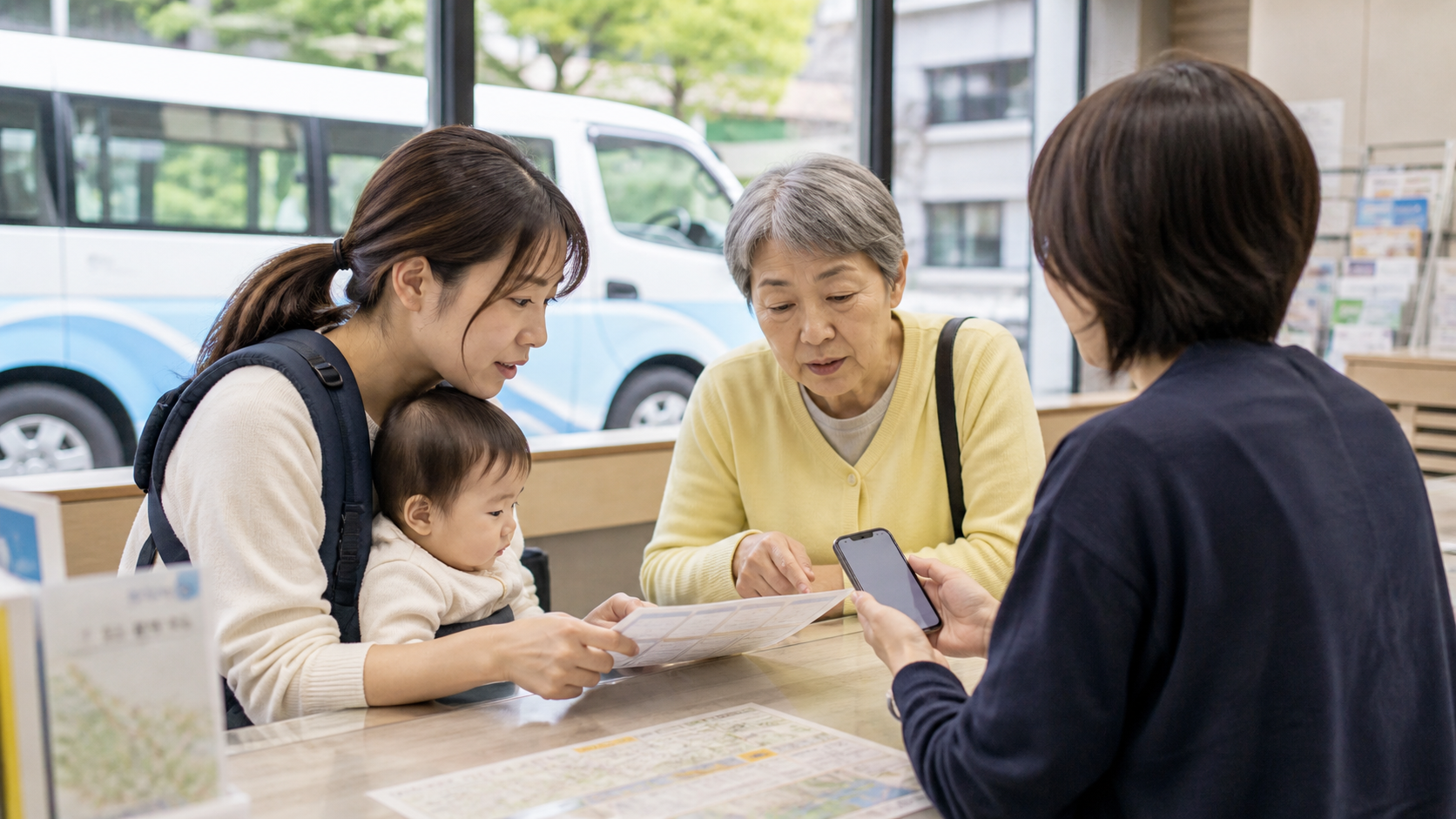 家族と高齢者が地域の移動案内を見比べる様子