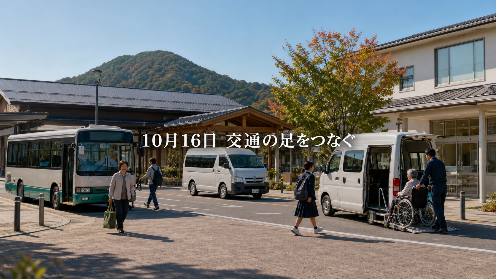 10月16日に向け、地域のバスとシャトルが通院・通学・買い物の移動をつなぐ場面