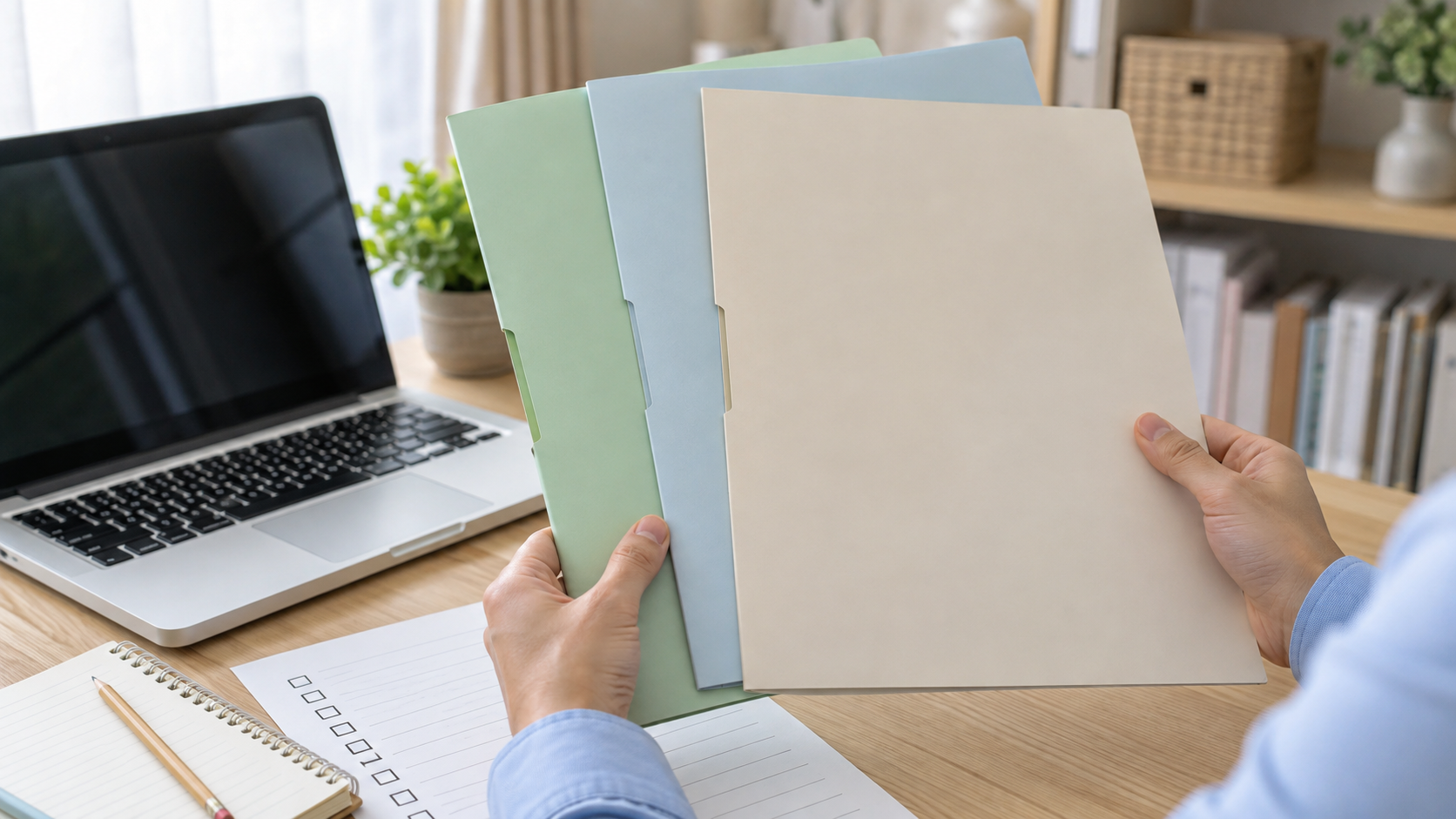 資格試験の結果情報を別々の書類フォルダとして整理する様子