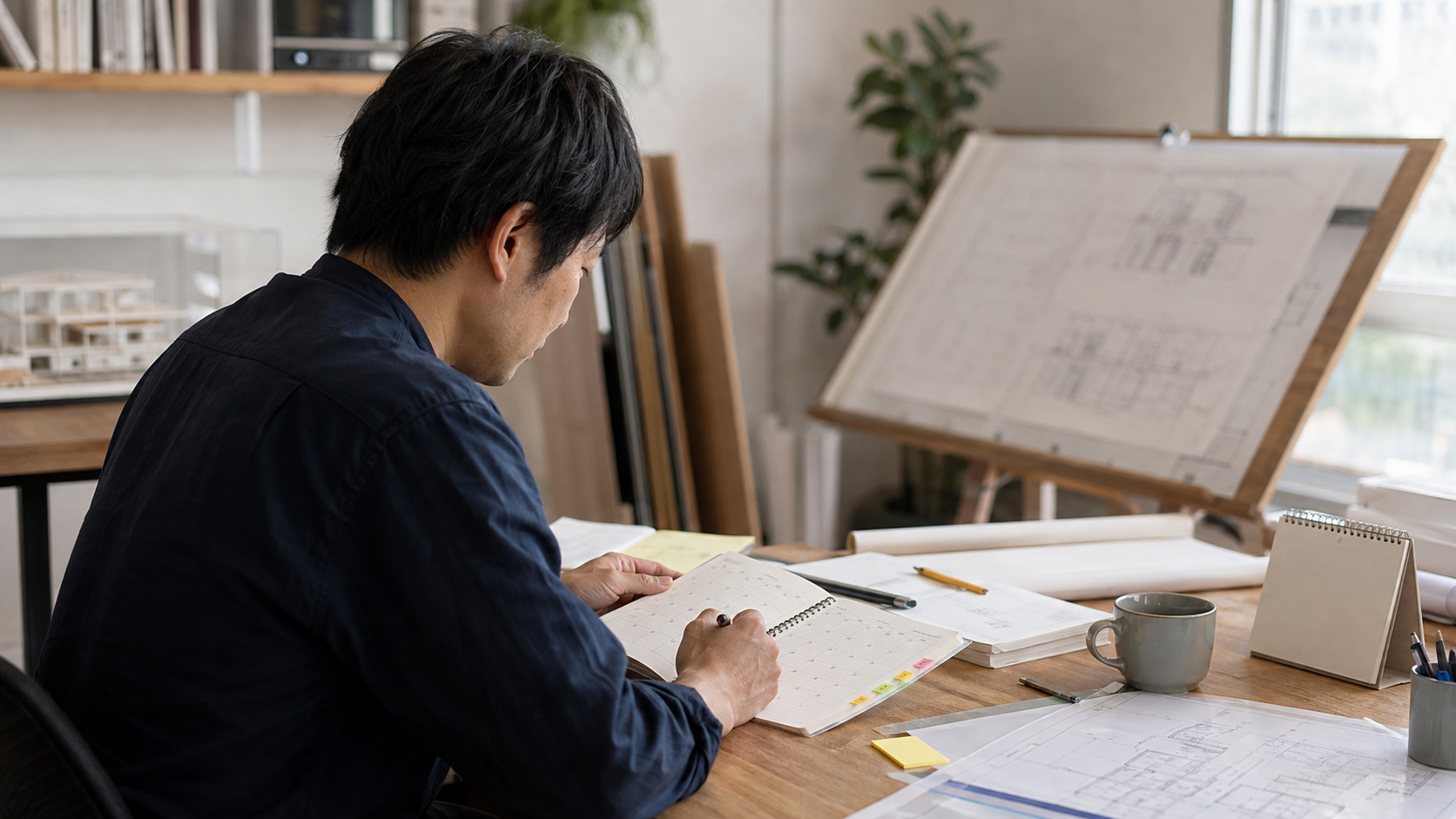 建築の専門職が予定表と図面を見ながら次の準備を考える様子