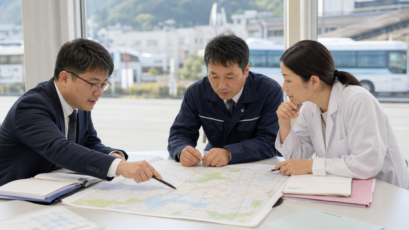 自治体、交通事業者、医療関係者が地域の移動を検討する場面