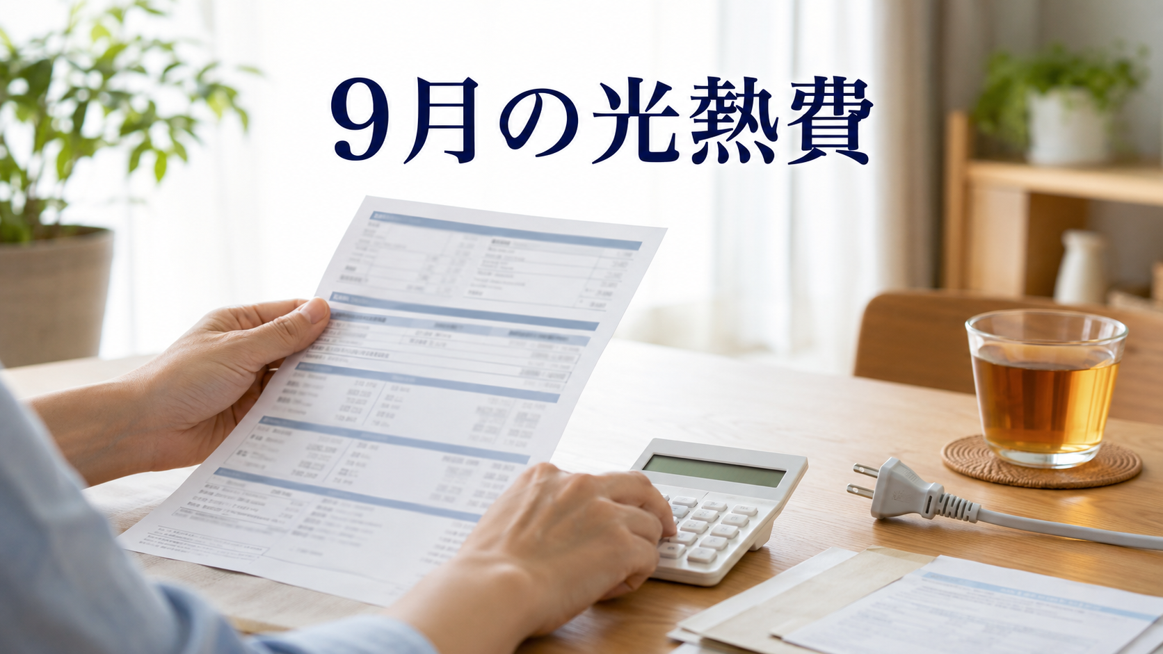 9月の光熱費を電気料金明細と計算機で確かめる家庭のイメージ