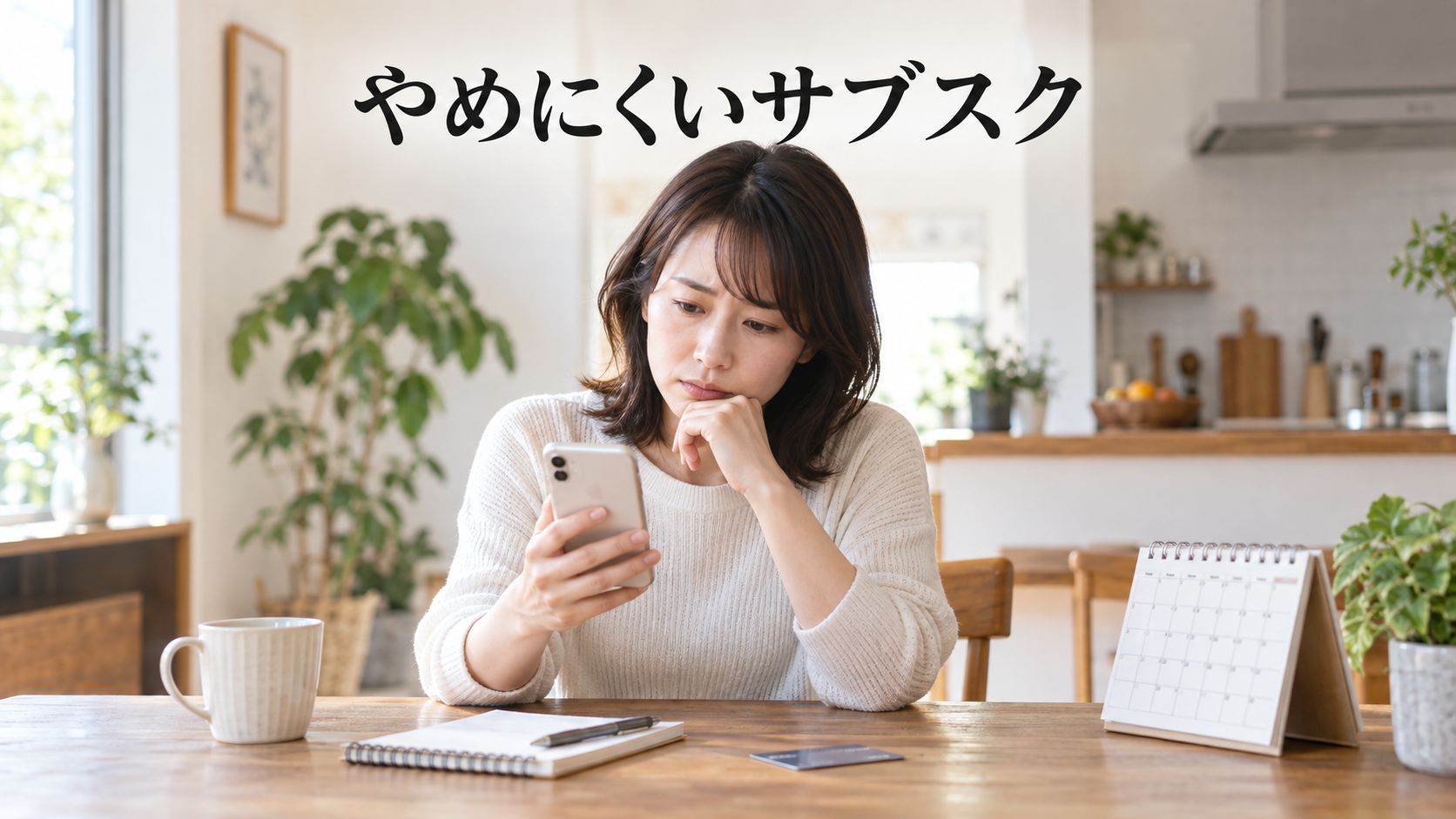 サブスクの解約画面を前に考える女性