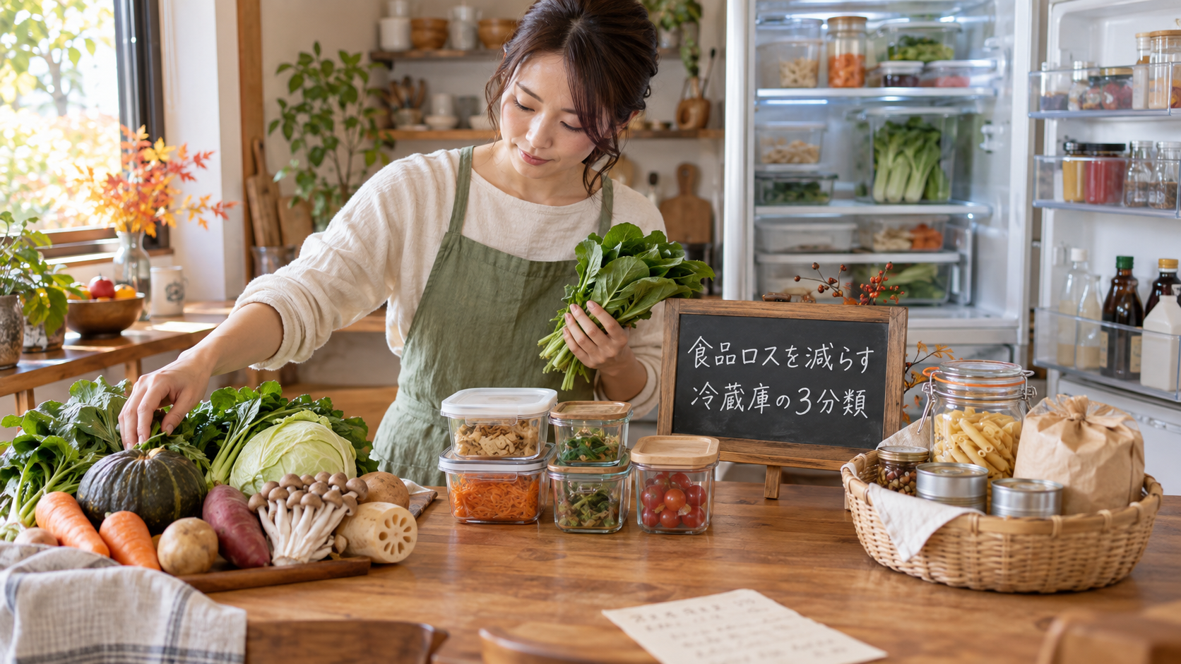 冷蔵庫の食品を三つの役割に整理する女性