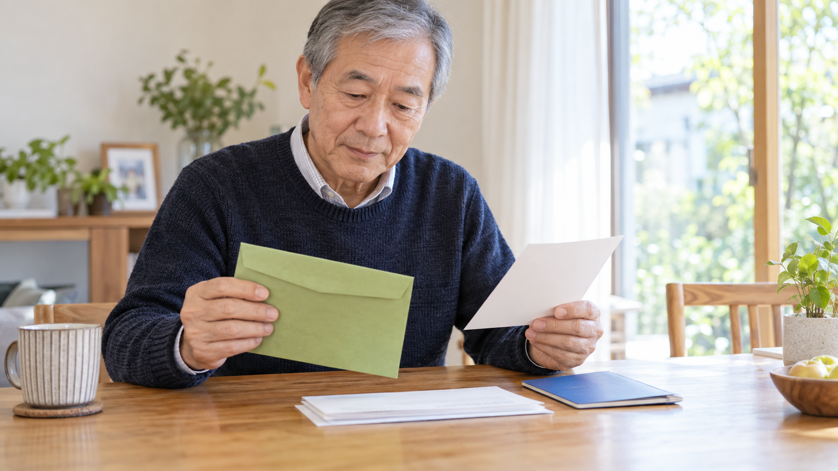 緑の封筒と書類を確認する高齢男性