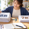 8割と7割を示す書類を前に、請求書を整理する個人事業主