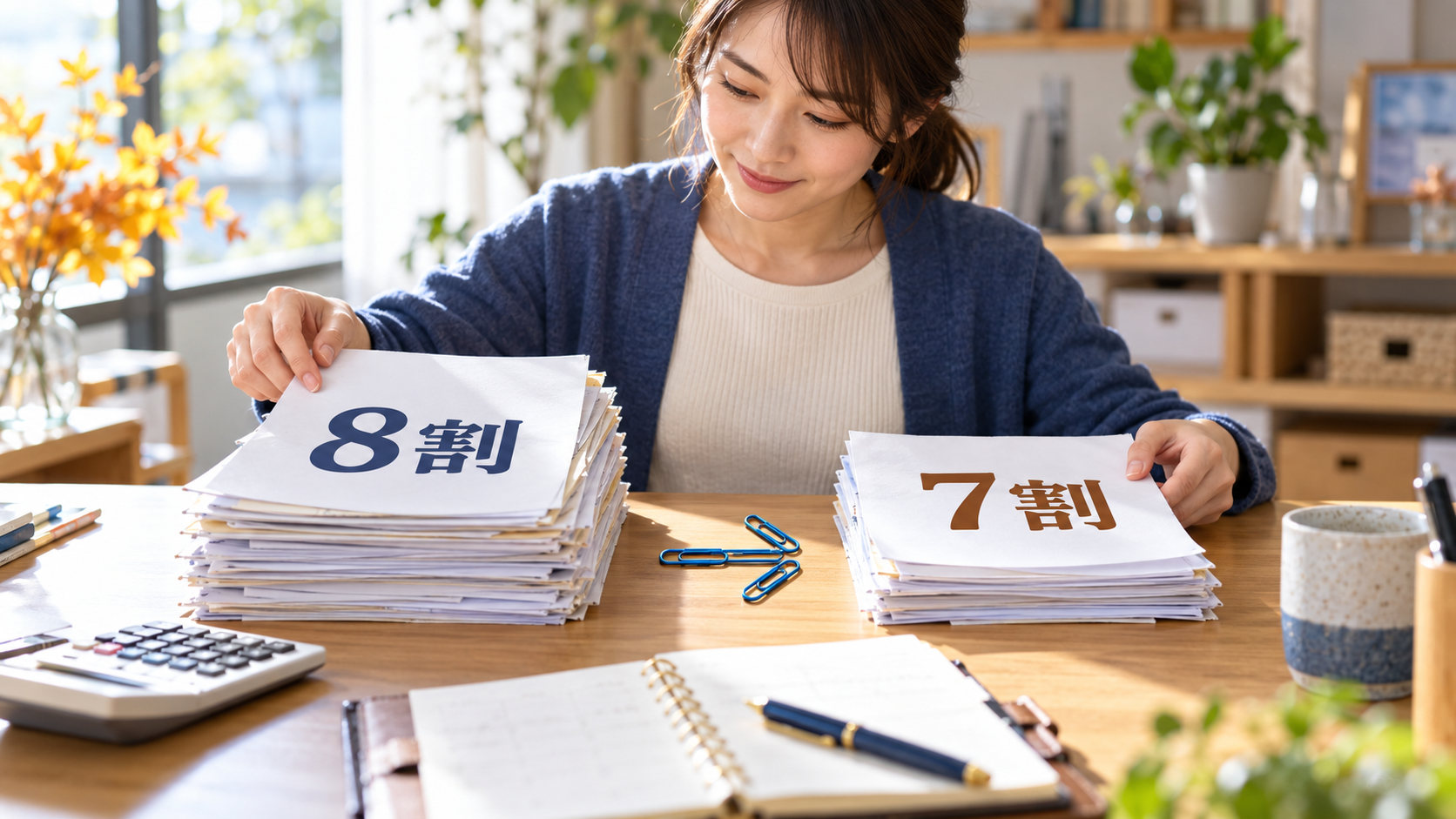 8割と7割を示す書類を前に、請求書を整理する個人事業主