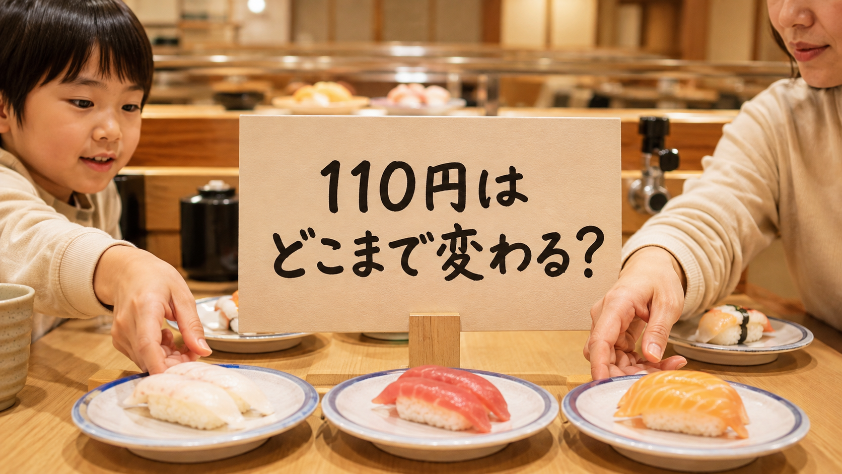 価格の違いを見ながら寿司を選ぶ親子のイメージ