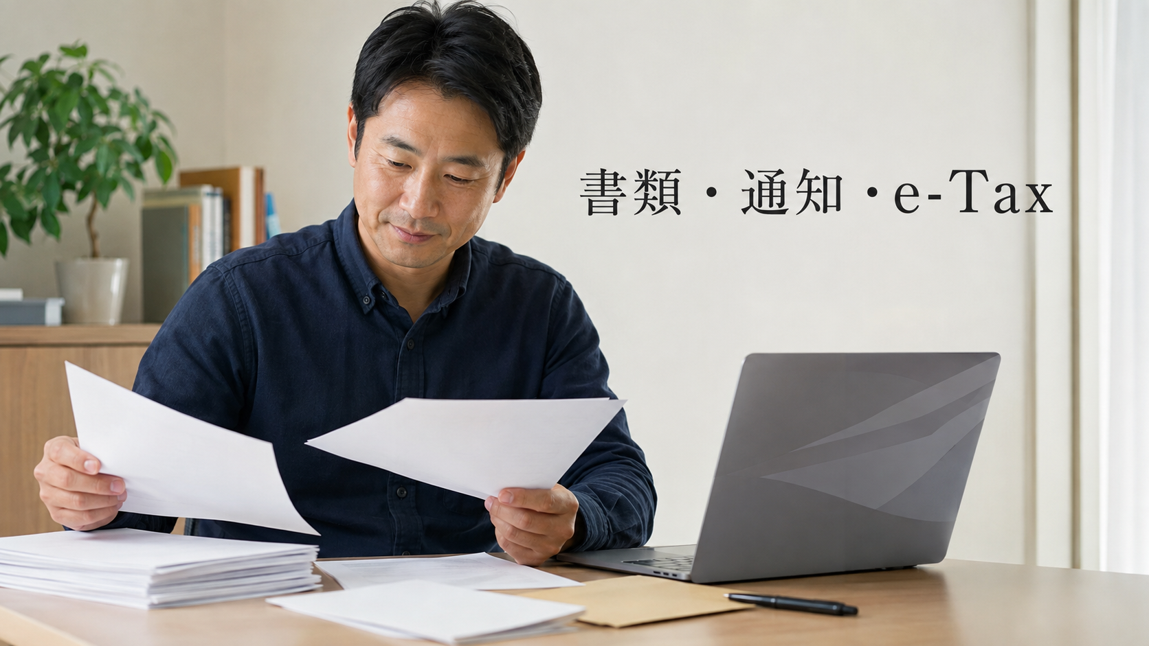 書類とノートパソコンを前に国税手続きの準備を分ける人物
