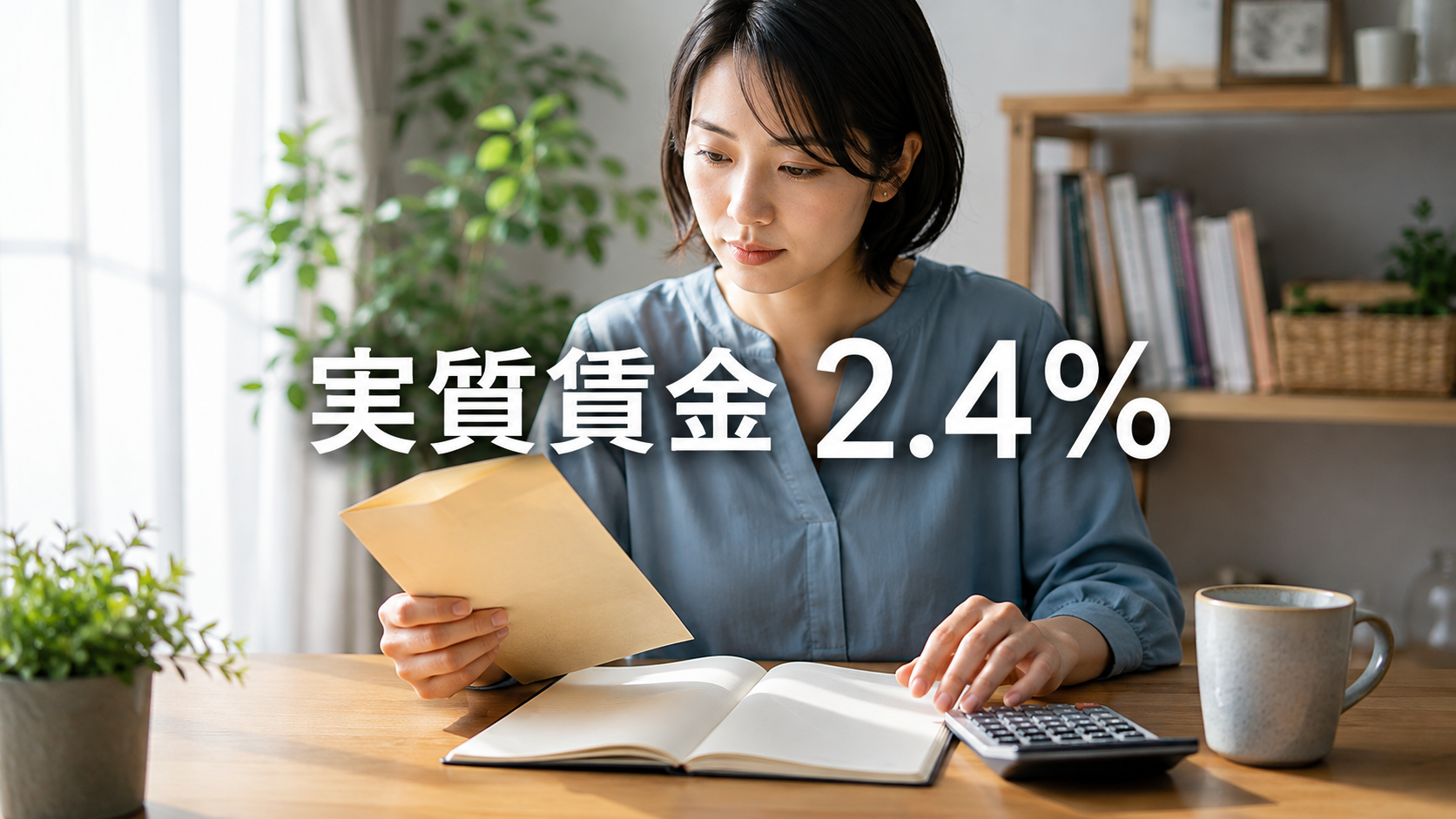実質賃金2.4%の文字と、給与封筒と家計ノートを見比べる人物