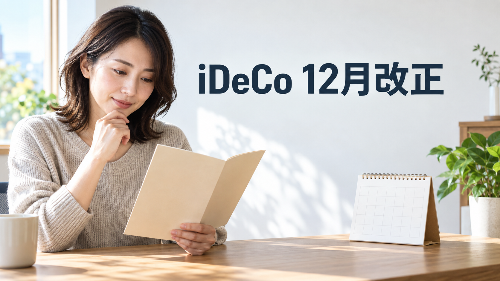 iDeCo 12月改正の文字と、年金資料を読む人物