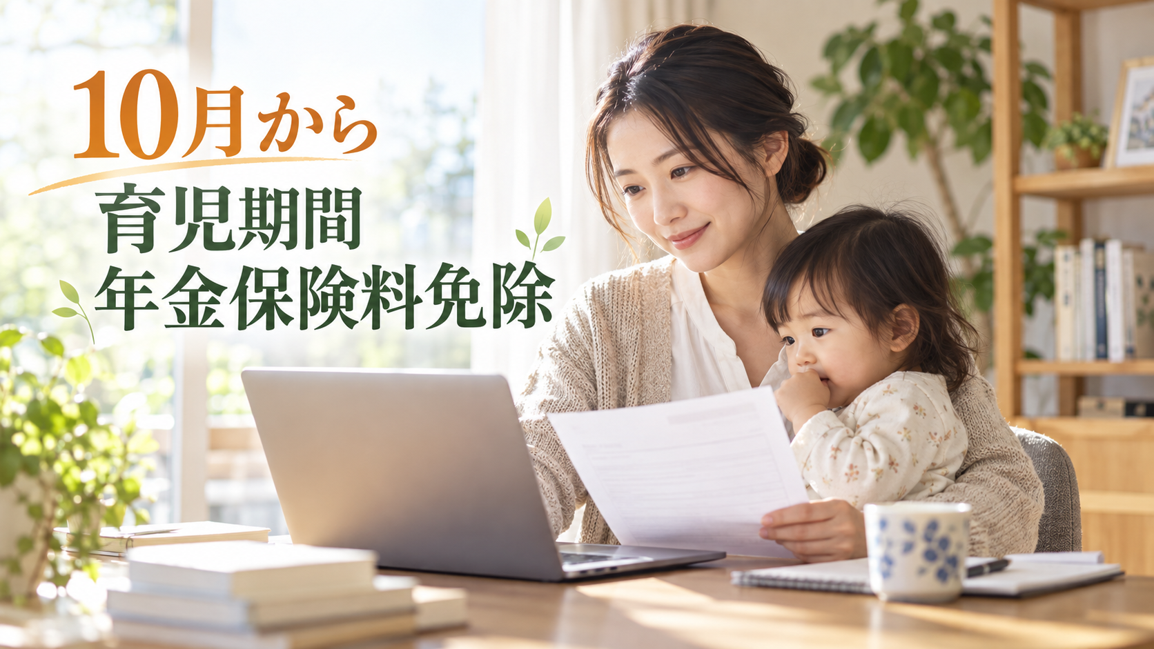 子どもを抱きながら年金の育児免除を調べる自営業の親