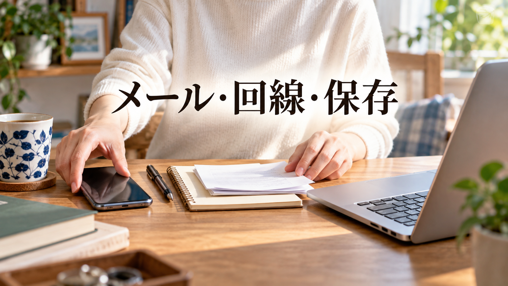 メール・回線・保存を分けて準備するため、ノートとスマートフォン、パソコンを前にした自宅の机