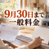 9月30日までの一般料金新規受付期限を示す、ガスコンロと請求書を確認する家庭のキッチン