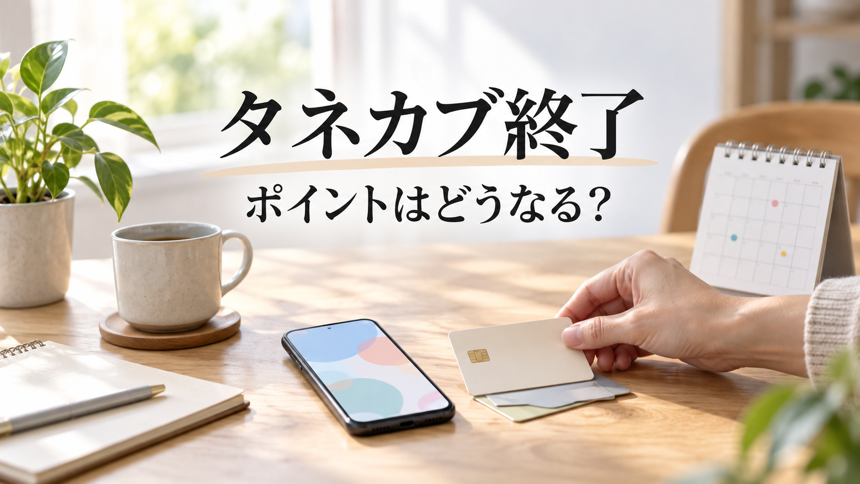 ポイントサービス終了に備え、スマートフォンと無地のカード、カレンダーを机上で整理する様子