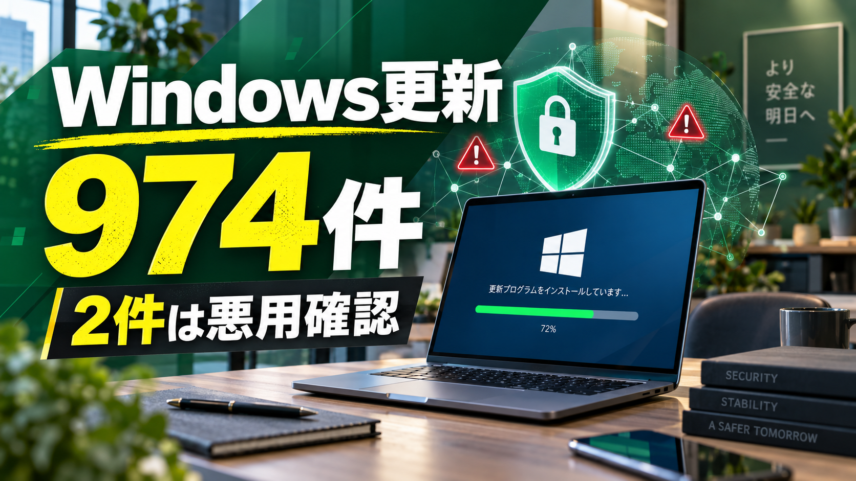 Windows更新974件と悪用確認2件を知らせるセキュリティ更新のアイキャッチ